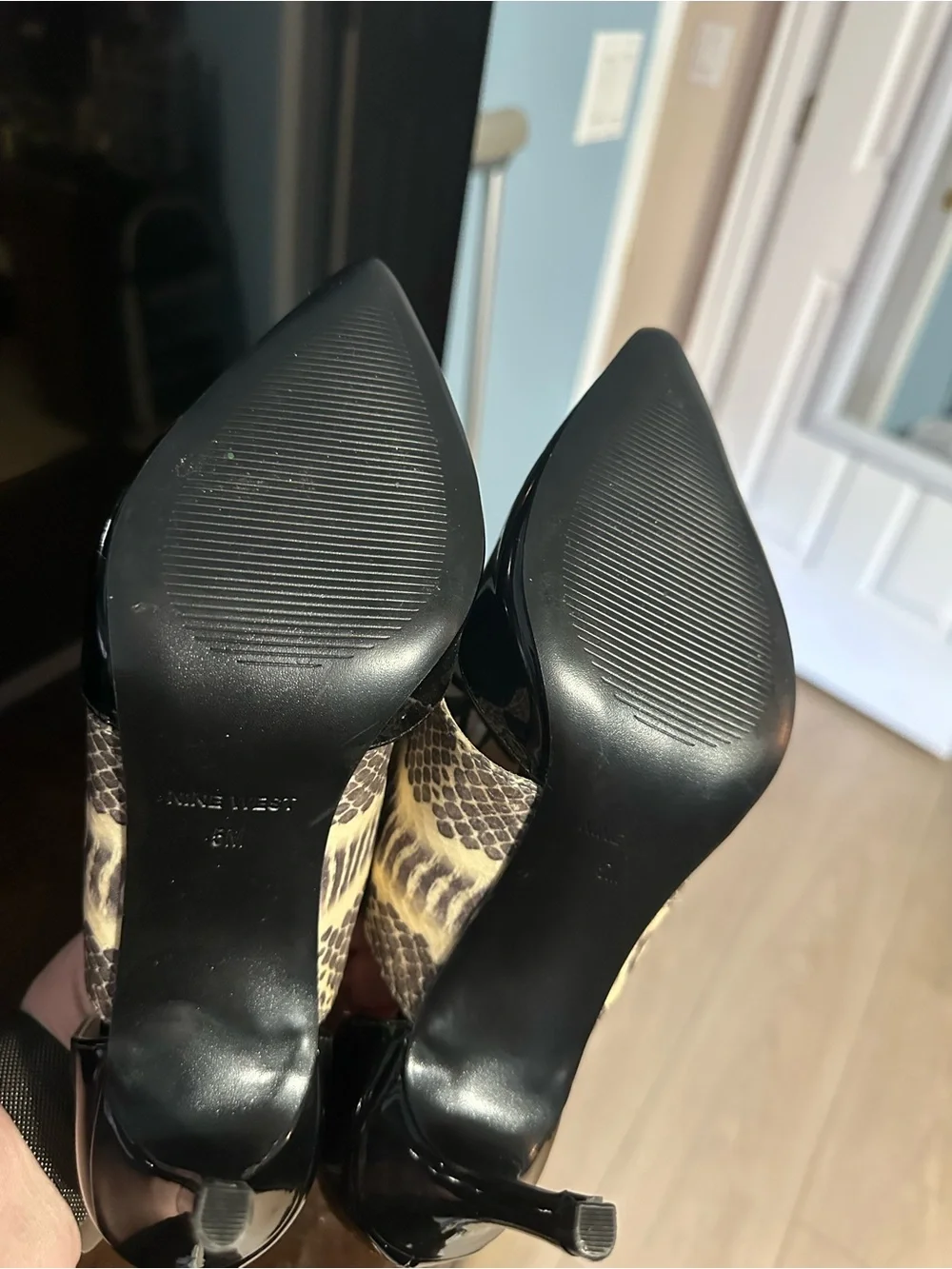 Nine West Black Patent Pointed-Toe Lace-Up Pumps with Snake-Print Panel Accent
